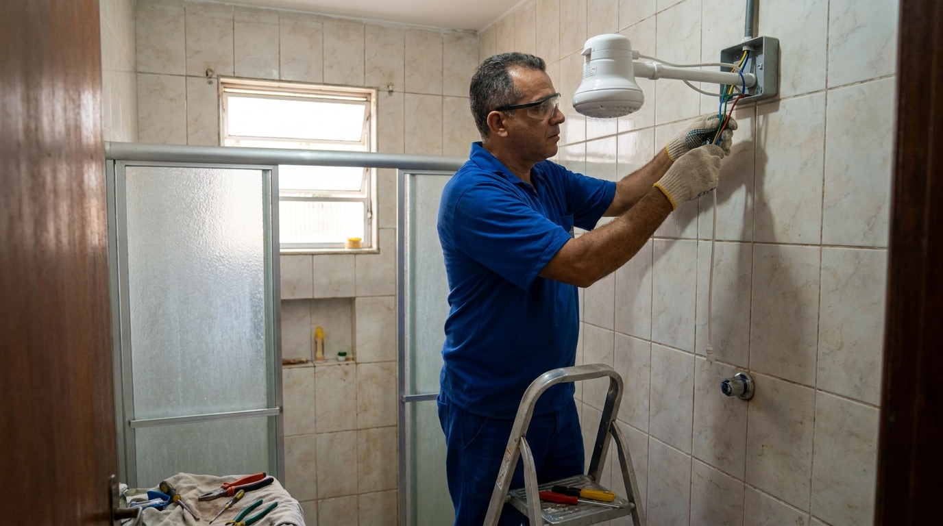 Eletricista instalando chuveiro eletrico em Cuiabá‑MT